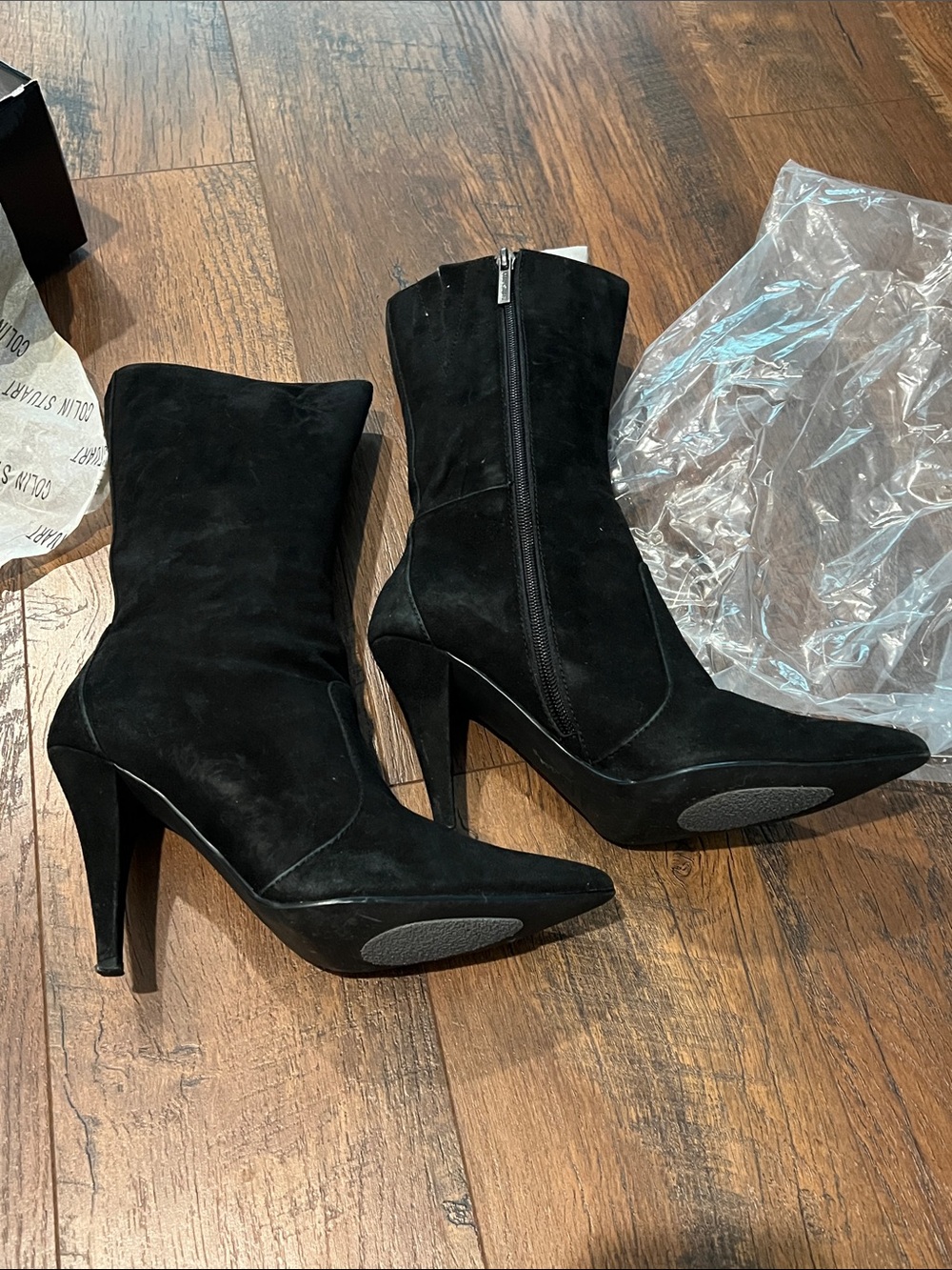 Colin Stuart Black Suede Pointed-Toe Mid-Calf Heeled Boots